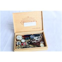 WOOD CIGAR CASE WITH MENS WATCHES ETC