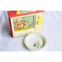 CHILDS FISHER PRICE TV AND WEDGWOOD CHILDS NURSERY RHYME DISH