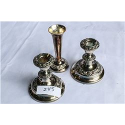 PAIR OF SILVER PLATE CANDLESTICKS AND VASE