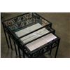 Image 1 : TWO GLASSTOP BLACK METAL ENDTABLES AND TILE TOP BLACK METAL ENDTABLE