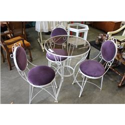 GLASS TOP IRON BASE TABLE AND THREE CHAIRS