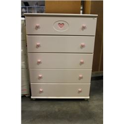 WHITE 5-DRAWER DRESSER WITH PINK HEART HANDLES