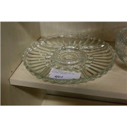 FOOTED CRYSTAL BOWL AND TWO SECTIONED PLATTERS