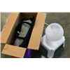 Image 1 : BOX OF HOUSEHOLD AND FAN AND DESIGNER BEDROOM LAMP AND STOOL