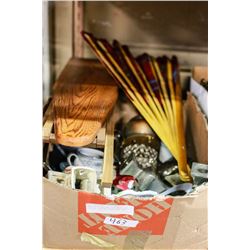 BOX OF CHINA AND GLASSWARE AND CHILDS IRONING BOARD AND FAN