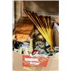 Image 1 : BOX OF CHINA AND GLASSWARE AND CHILDS IRONING BOARD AND FAN