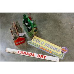 LOT OF VINTAGE POP BOTTLES AND CANADA DRY PUSH