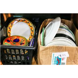 BASKET OF PLATES AND BOX OF PLATES