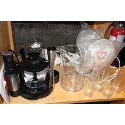 SHELL LOT OF WOLFGANG PUCK PREP CENTRE PATIO PITCHER AND GLASSES HAND MIXER AND VACUUM ETC