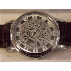 WATCH - NEW 2 SIDED SKELETON WATCH WITH LEATHER STRAP - WORKING - SILVER TONE