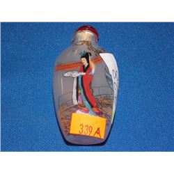 SNUFF BOTTLE - HAND PAINTED - WITH LID - LADY WITH RED & BLUE DRESS
