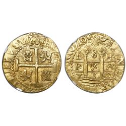 Lima, Peru, cob 8 escudos, 1710H, encapsulated NGC MS 62, from the 1715 Fleet (stated inside slab).