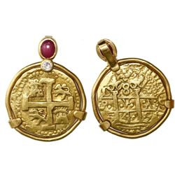 Lima, Peru, cob 8 escudos, 1749R, mounted cross side out in 22K pendant-bezel with diamond and caboc