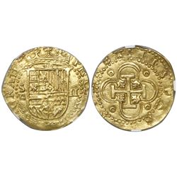 Seville, Spain, cob 2 escudos, Philip II, assayer Gothic D below mintmark S to left, encapsulated NG