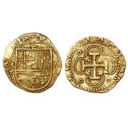 Seville, Spain, cob 2 escudos, Philip II, assayer Gothic D with open right side below mintmark S to