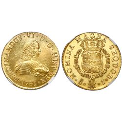 Santiago, Chile, bust 8 escudos, Ferdinand VI, 1751J, encapsulated NGC MS 63, from the Luz (1752).