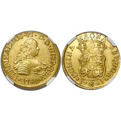 Santiago, Chile, bust 4 escudos, Ferdinand VI, 1750/5J, encapsulated NGC MS 61, from the Luz (1752),