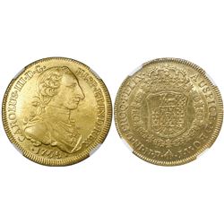 Bogota, Colombia, bust 8 escudos, Charles III (young bust), 1765JV, dots within mintmark and assayer