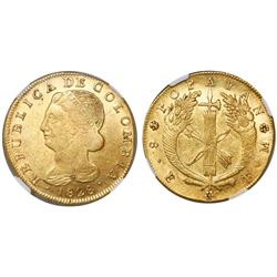 Popayan, Colombia, 8 escudos, 1828FM, rare, encapsulated NGC AU 58, finest known in NGC census.
