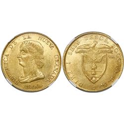 Bogota, Colombia, 16 pesos, 1840RS, encapsulated NGC AU details / obv graffiti, reverse damage.