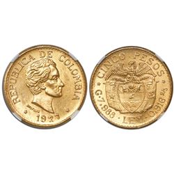 Medellin, Colombia, 5 pesos, 1927, encapsulated NGC MS 64+.