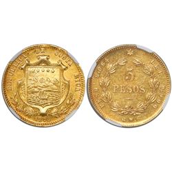 Costa Rica, 5 pesos, 1873GW,  5 pesos  variety, rare, encapsulated NGC MS 62, ex-Richard Stuart (sta