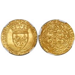 France, ecu d'or au couronne, Charles VI, (1380-1422), encapsulated NGC MS 63.