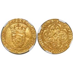 France, ecu d'or au couronne, Charles VI, (1380-1422), encapsulated NGC MS 62.