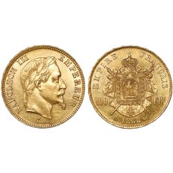 France (Strasbourg mint), 100 francs, Napoleon III, 1868-BB, rare.