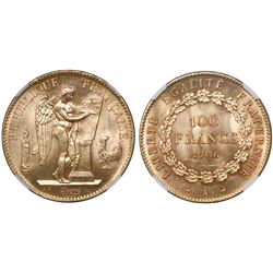 France (Paris mint), 100 francs, 1906-A, encapsulated NGC MS 64, tied for finest known in NGC census