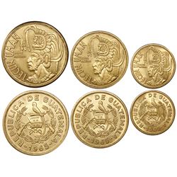 Lot of three Guatemala gold coins, "Tecun Uman" denomination set (0.9 oz, 0.5 oz and 0.257 oz), 1965
