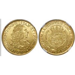 Lima, Peru, bust 8 escudos, Ferdinand VI (large bust), 1751J, encapsulated NGC MS 61.
