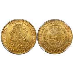 Lima, Peru, bust 8 escudos, Ferdinand VI (large bust), 1752J, encapsulated NGC AU 55.