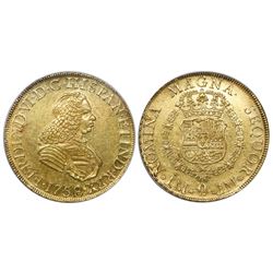 Lima, Peru, bust 8 escudos, Ferdinand VI (small bust), 1758JM, encapsulated NGC AU 58.