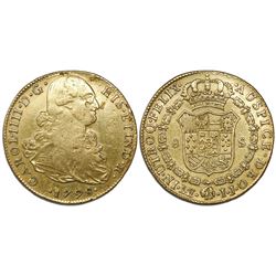 Lima, Peru, bust 8 escudos, Charles IV, 1798IJ, rare error lacking the P in HISP.