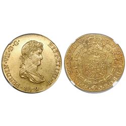 Lima, Peru, bust 8 escudos, Ferdinand VII (small, draped bust), 1812JP, encapsulated NGC AU 55.