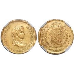 Lima, Peru, bust 1 escudo, Ferdinand VII (small, draped bust), 1812JP, encapsulated NGC AU 55, rare.