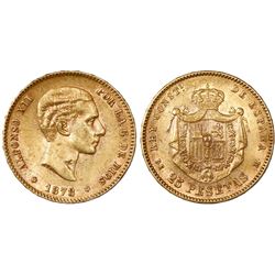 Madrid, Spain, 25 pesetas, Alfonso XII, 1878DE-M, with 18-78 inside 6-pointed stars.