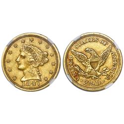USA (Charlotte mint), $2-1/2 (quarter eagle) coronet Liberty, 1847-C, encapsulated NGC AU details / 