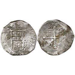 Mexico City, Mexico, cob 8 reales, Philip III, assayer D, Grade 2.