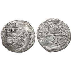 Mexico City, Mexico, cob 1 real, Philip II, assayer O below mintmark oM to left, Grade 2.