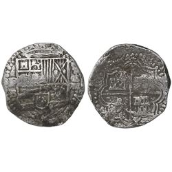 Potosi, Bolivia, cob 8 reales, Philip II, assayer B (5th period), Grade 1.
