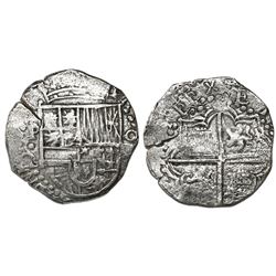 Potosi, Bolivia, cob 8 reales, Philip III, assayer Q/C below dot-inside-C (rare variety), Grade 2.