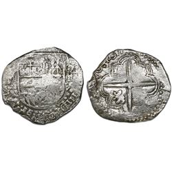 Potosi, Bolivia, cob 8 reales, 1617(M), denomination as O-III-V (rare), Grade 2.