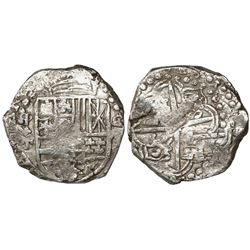 Potosi, Bolivia, cob 8 reales, Philip III, assayer T, mintmark in retrograde over P, Grade 1.