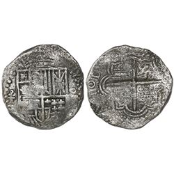 Potosi, Bolivia, cob 8 reales, Philip III, assayer T, tiny mintmark, Grade 1.