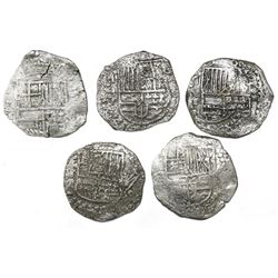 Lot of five Potosi, Bolivia, cob 8 reales, Philip III, assayer T or not visible, all Grade 2.