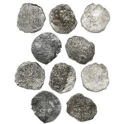 Lot of five Potosi, Bolivia, cob 8 reales, Philip III, various assayers (where visible), all Grade 3