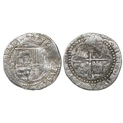 Potosi, Bolivia, cob 2 reales, Philip II, assayer R (Rincon) below mintmark P to left, Grade-2 quali