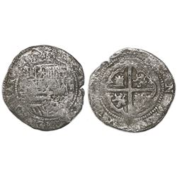 Potosi, Bolivia, cob 2 reales, Philip II, assayer B (3rd period), Grade 1 (Grade-2 quality).